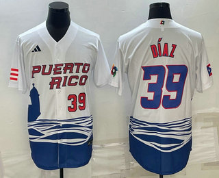 Mens Puerto Rico Baseball #39 Edwin Diaz Number 2023 White World Baseball Classic Stitched Jerseys->2023 world baseball classic->MLB Jersey